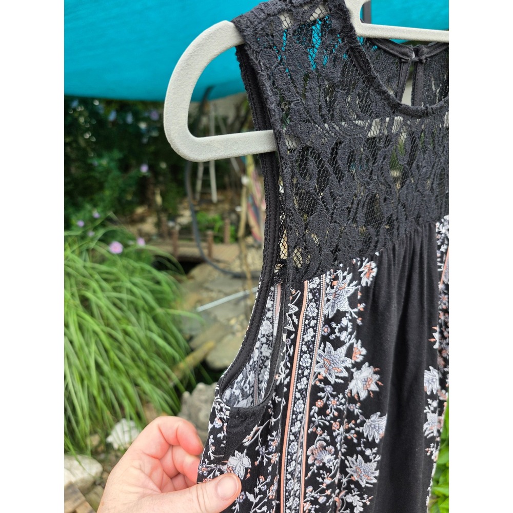 Estam Womens Boho Floral Border Print Sleeveless Tunic Top Black Lace Yoke L - Picture 4 of 9